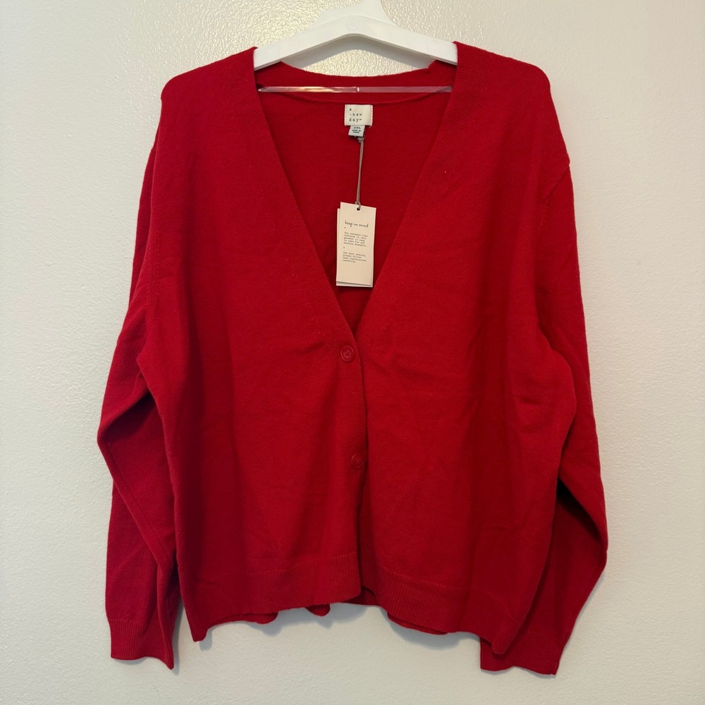 A New Day Womens Red V-Neck Button Front Cardigan Sweater XXL NWT